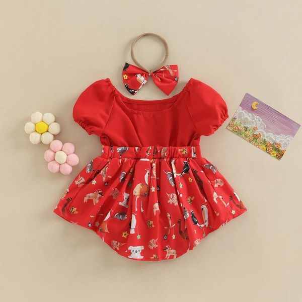 Strampler CitgeeSummer Weihnachten Kleinkind Baby Mädchen Anzug Set Cartoon Muster Kurzarm Body Rock Saum Stirnband Weihnachten 0-24 Monate