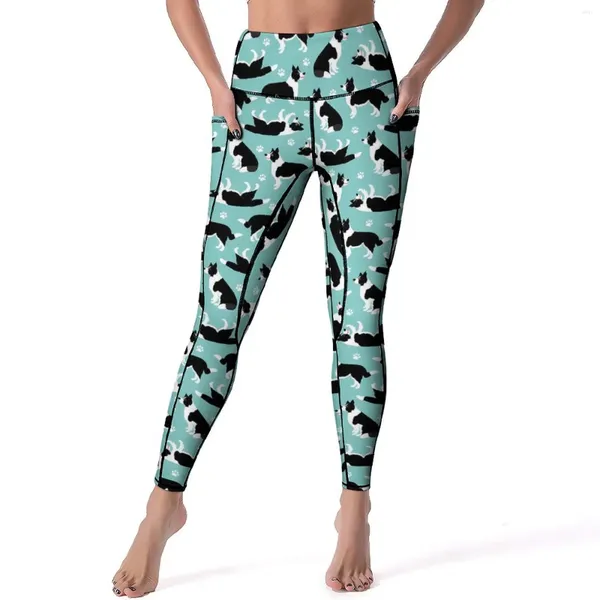 Leggings da donna Pantaloni da yoga con stampa di cani con tasche Border Collie Collant sportivi sexy a vita alta divertenti Leggins da fitness con grafica elasticizzata