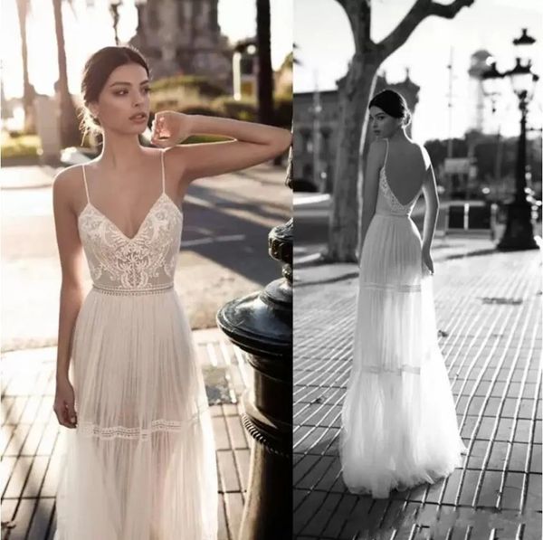 Gali karten Abiti da sposa economici Pizzo scollo a V Abiti da sposa bohemien Cinghie senza spalline Una linea Backless Abiti da sposa sexy estivi Castello