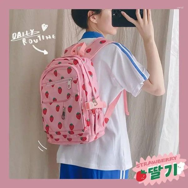 Schultaschen, japanischer Harajuku-Erdbeerdruck, Kawaii-Rucksack, rosa, süßes Mädchen, mittlere Büchertasche, süße Lolita, mehrere Taschen, Mochilas