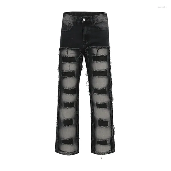Jeans da uomo Y2k Streetwear Pantaloni in denim dritti sfilacciati con foro urbano Pantaloni cargo oversize casual Harajuku larghi unisex