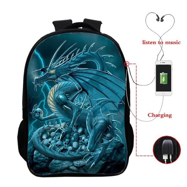 Backpack Mochila Back to School Cartoon Dragon gedruckt 16 Zoll USB Ladung 3D -Tasche Teenager Jungen Mädchen Bookbag243k