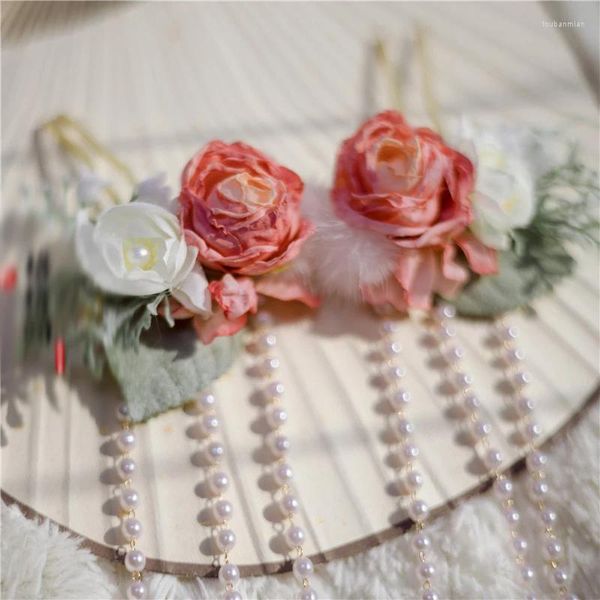 Forcina originale con fiore di rosa, bastoncino per capelli con nappa lunga in rilievo anticata, accessori Hanfu, copricapo quotidiano, regalo di compleanno per ragazza da donna