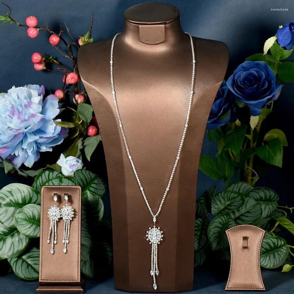 Collana Orecchini Set HIBRIDE Maglione goccia d'acqua Orecchino lungo con nappa per le donne Matrimonio Cubic Zirconia Africano Dubai Gioielli da sposa N-1608