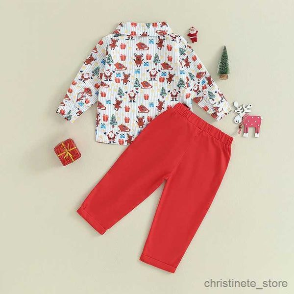 Kleidungssets Baby Kinder Jungen 2-teiliges Outfit Langarm Santa Claus Print Fliege Hemd mit langen Hosen Weihnachtsoutfit R231215