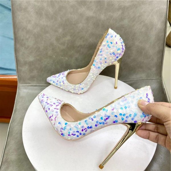 Elbise Ayakkabı Bling Pulinler Kadın Beyaz Sivri Ayak Toe Düğün Parti Parıltısı İçin Yüksek Topuk Ünlü Stiletto Pompalar 8cm 10cm 12cm