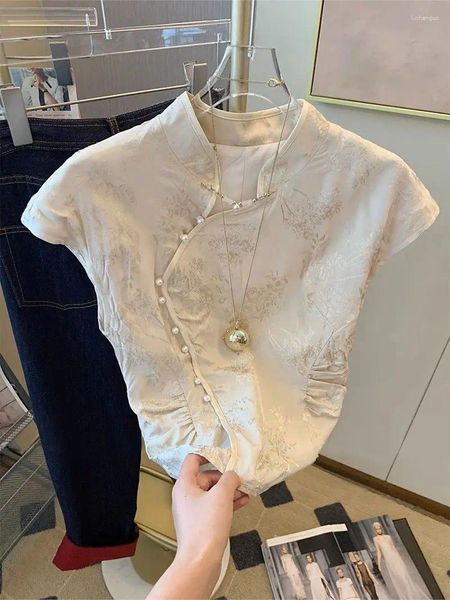 Damenblusen im chinesischen Stil, Perlen-Pan-Schnalle, Stehkragen, kurzärmeliges Hemd für Damen, Sommer, Vintage, süßes Slim-Fit-Oberteil