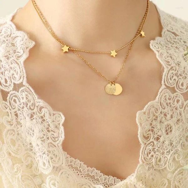 Anhänger Halsketten Korean Ins Mode Wind Frosted Runde Marke Pentagramm Stern Doppelschicht Halskette Titan Stahl Überzogene 18k Gold Lock Knochen