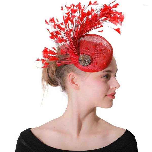 Cappello da sposa con piume da donna Ornamenti Copricapo Accessori per fascinatori turchesi da sposa Forcine per capelli in lino Chapeau da corsa