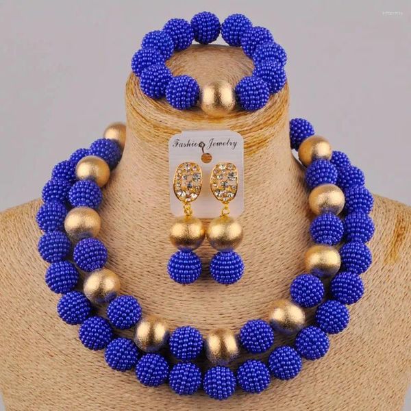 Collana Orecchini Set Costume Moda Gioielli africani Perline blu reale Perla simulata