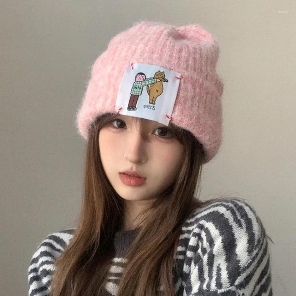 Berets japonês retro macio malha empilhamento chapéus para mulheres outono e inverno ins bonito adesivo quente proteção de orelha doce rosa gorros