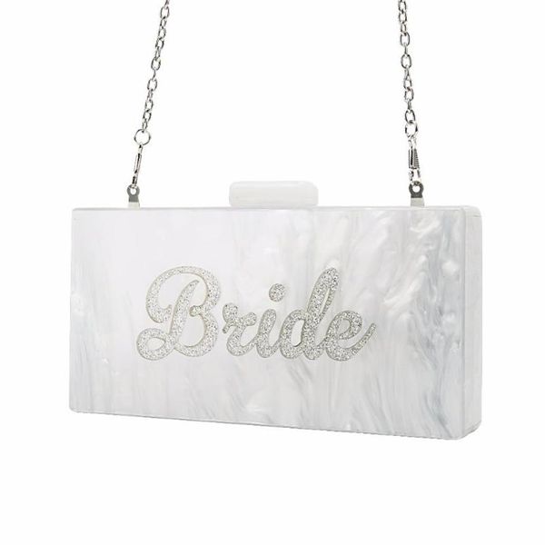 Borse da sera Bianco perla con glitter argento Nome Sposa Scatola in acrilico Pochette Borse da donna Moda Fatta a mano Claps Pochette da spiaggiaEv224C