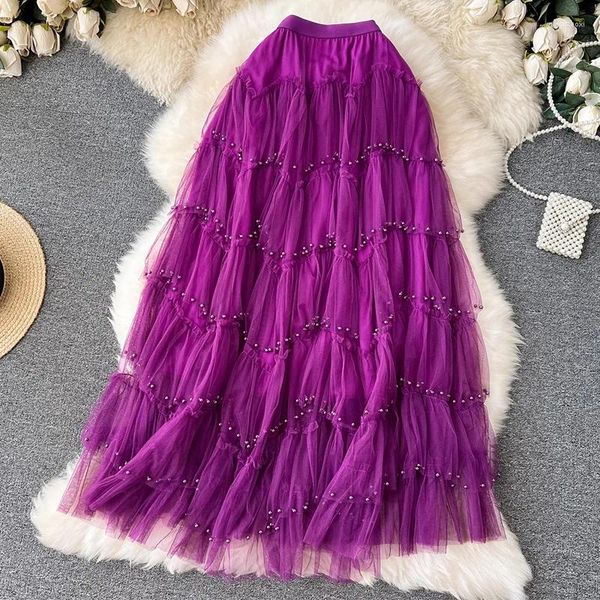 Юбки TIGENA, модная длинная многоярусная юбка-пачка из тюля для женщин, уличная расшитая бисером трапециевидная линия талии, макси, сетчатая, женская розовая