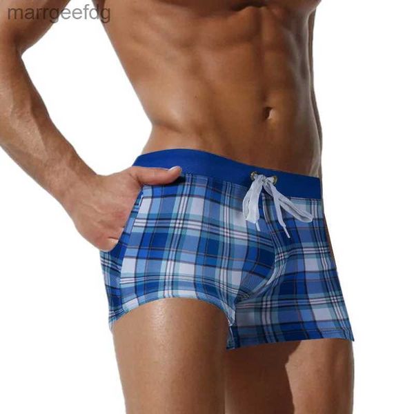 Shorts maschili Summer Men Swim Briefs Fashion Plaid Sexy Swimingsuits Bikini Gay Swimwear Shorts Shorts Surf Board Basso Terunni da bagno YQ231215