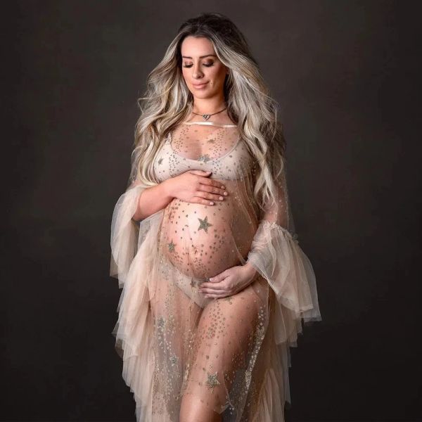 Sexy estrela dourada tule fotografia maternidade vestidos prop manga alargamento ver através de mulheres grávidas gravidez foto tiro vestido