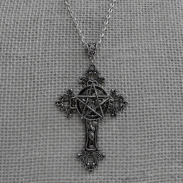 Grande cruz pentagrama pentagrama 14k colar de ouro pingente floral filigrana vitoriano vintage gótico ótimo presente para seu amuleto de proteção