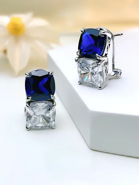 Brincos de garanhão elegante cor contrastante pedra dupla 925 prata pura incrustada com diamantes de alto carbono para joias de casamento simples