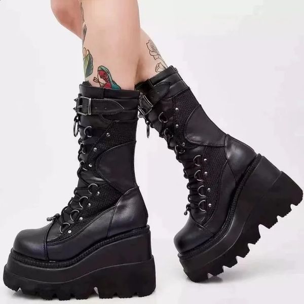 BOOTS 2023 Sonbahar Kış Sale Punk Cadılar Bayramı Cadı Cosplay Platform Yüksek Kama Topuklu Siyah Gotik Buzağı Boot Ayakkabıları Büyük Boyut 231214