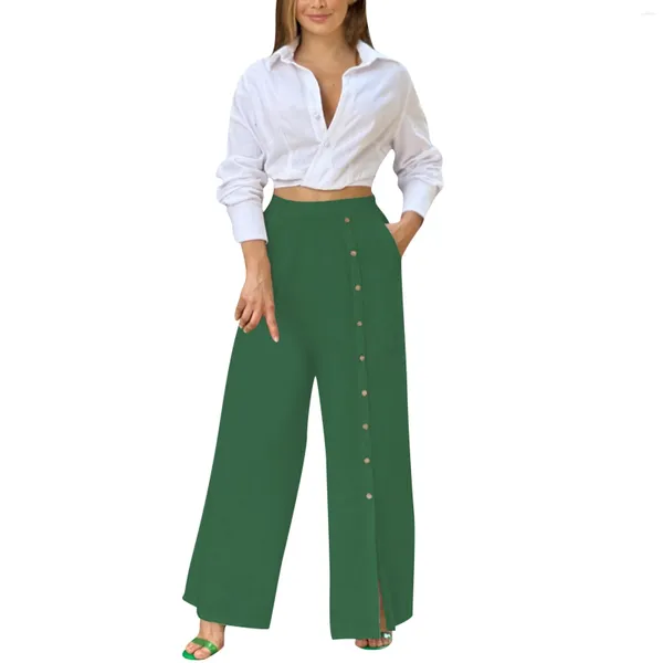 Calças femininas mulheres vintage oversized algodão linho calças compridas solo único breasted casual mulher roupas pantalones de mujer