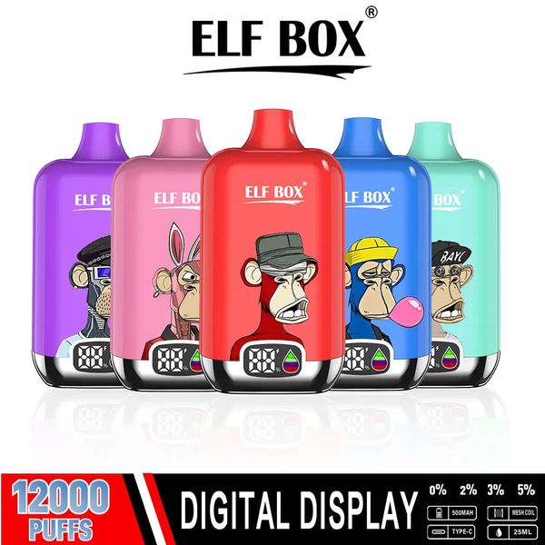 Original vape ELF BOX 12000 puff 12 sabores Puff 12k Display digital descartável vape e cigarro Bateria recarregável pré-preenchida 25ml Cartucho 2% VS randm tornado