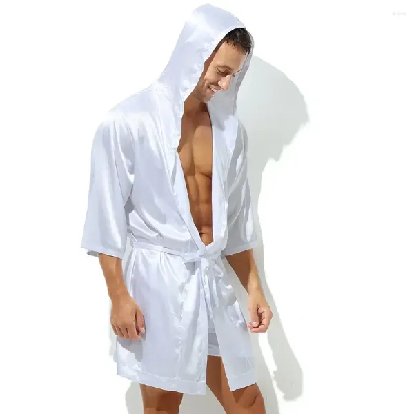 Männer Nachtwäsche Seide Robe Mit Kapuze Männer Satin Haus Set Kleid Nacht Herren Pyjamas Nachthemd Kleid Bademantel Shorts Männlich