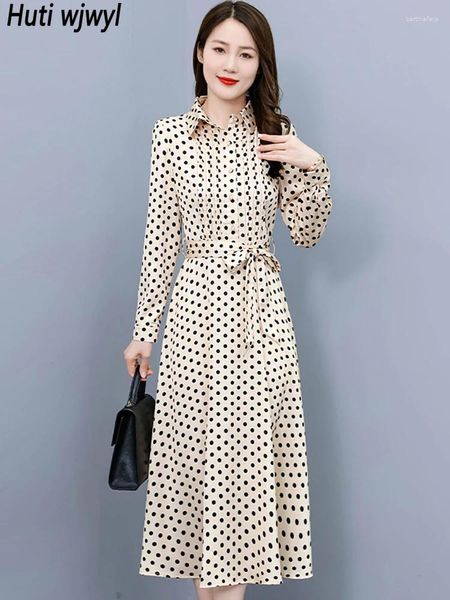 Vestidos casuais 2023 polka dot seda cetim midi vestido primavera outono polo colarinho escritório senhora camisa mulheres elegante bodycon festa