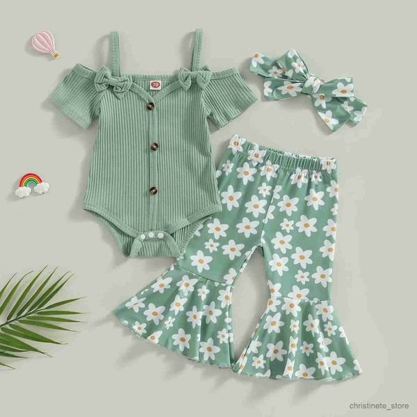 Set di abbigliamento FOCUSNORM 3 pezzi Set di vestiti per neonate per neonati Solido a costine con spalle scoperte Pagliaccetto Fiore / Stampa arcobaleno Pantaloni svasati Fascia per capelli R231215