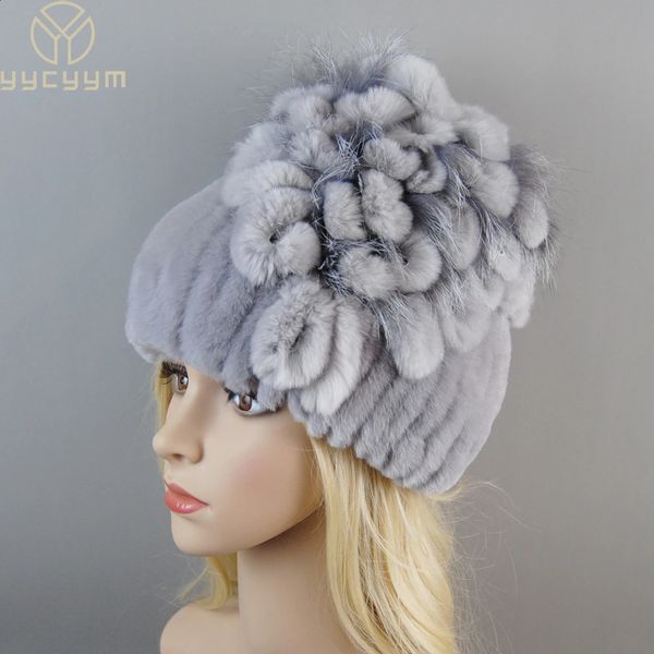 BeanieSkull Berretti di marca Donna Genuino Cappelli di pelliccia di coniglio Rex Inverno Berretti di pelliccia di coniglio Rex a righe Top Fiore Pelliccia di volpe Caldi berretti di pelliccia vera 231214