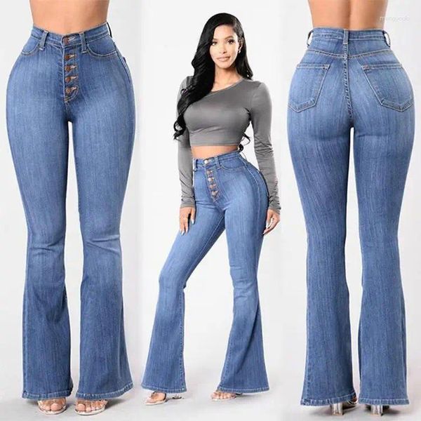 Jeans femininos picantes menina slim fit hip up cintura elástica alta fivela perna larga micro flare