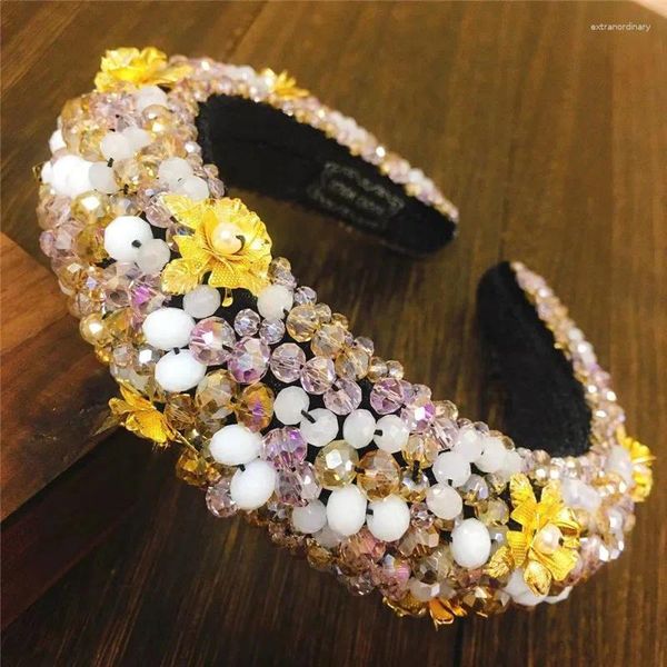 Voller Kristall Luxus Barock Stirnband für Frauen Kopfbänder Gold Blume funkelnd gepolsterte Strass Haarbänder Haarschmuck