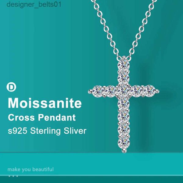 Colares de pingente completo moissanite cruz pingente colar original 925 esterlina sliver corrente banhado 18k branco ouro fino colar para mulheres l231215