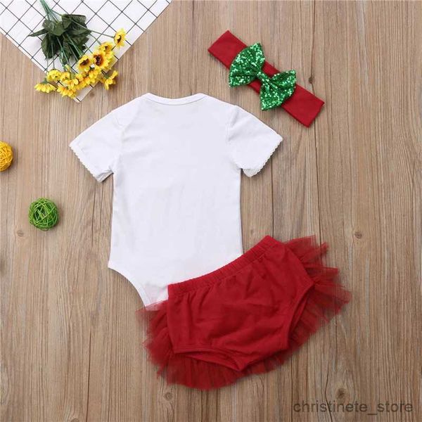 Kleidungssets Mein erstes Weihnachten Baby Mädchen Kleidung Brief Strampler + Rote geschichtete Tüllshorts + Stirnband 2023 Neujahrskostüm Baby Weihnachtsoutfit R231215