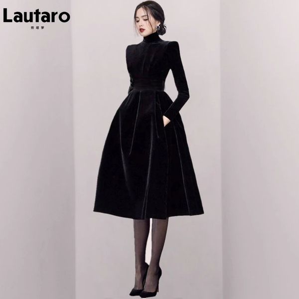 Urban Sexy Dresses Lautaro Herbst Midi Vintage Schwarz Samt Partykleid Rollkragenkragen Langarm Retro Elegante Luxus Abendkleider für Frauen 231215