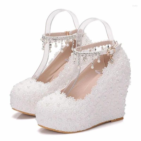 Sapatos de vestido branco cunhas bombas de casamento doce flor laço pérola plataforma de cristal bomba clássica noiva senhoras de salto alto