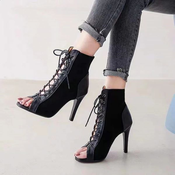 Kleid Schuhe LaceUp Sandalen Heels 9CM Damen Sommer 2023 Trend Schwarz Sexy Peep Toe Stiefel Mode Tuch Stilettos Jazz Dance Weibliche 231214