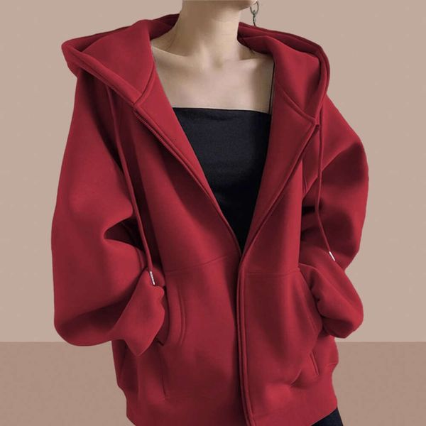 Giacca con cappuccio da donna rosso vino 2023 primavera e autunno nuovo abbigliamento da donna con cerniera cardigan casual allentato