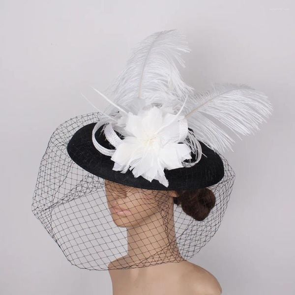 Mulheres elegantes chique casamento headpiece malha fascinator chapéu fantasia pena flor senhoras chapeau boné com grampo de cabelo kenducky chapéus