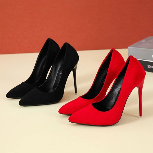 Модельные туфли, большие размеры 3545, женская обувь, лаконичные туфли-лодочки из флока на высоком каблуке, классические красно-серые женские свадебные офисные туфли с острым носком 231214