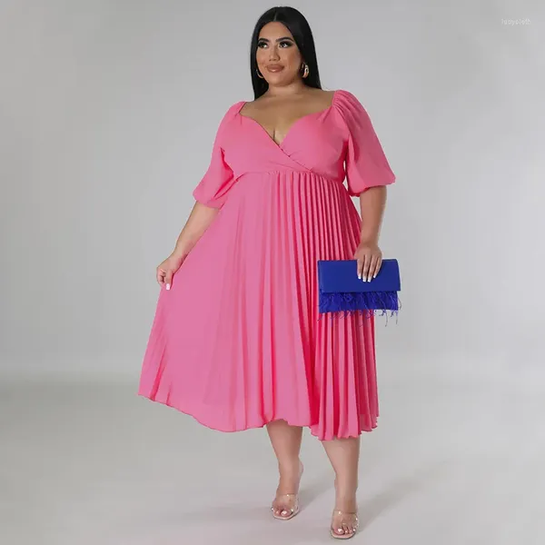 Plus Size Jurken Elegante Effen Kleur Geplooide Korte Mouw Jurk Zomer Mode Office Lady Club Party Vestidos Clothings 2023