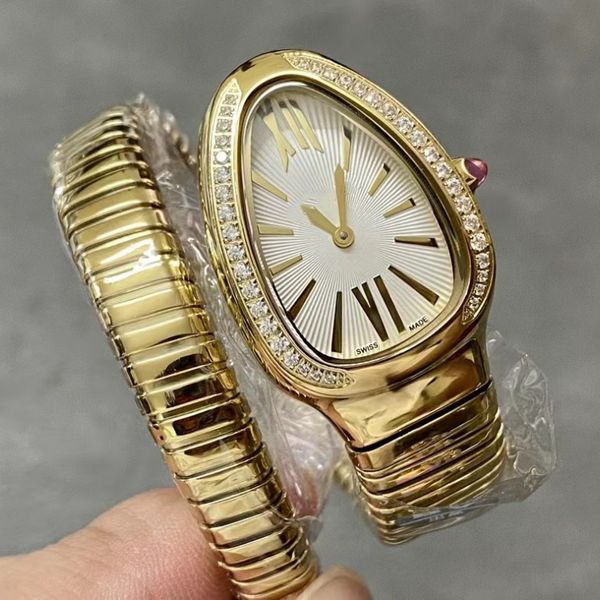 Diamanti Orologio serpente da donna di alta qualità Cassa in acciaio Specchio zaffiro Movimento al quarzo con pietra Bracciale opzionale 35 mm Orologi di lusso di squisita fattura