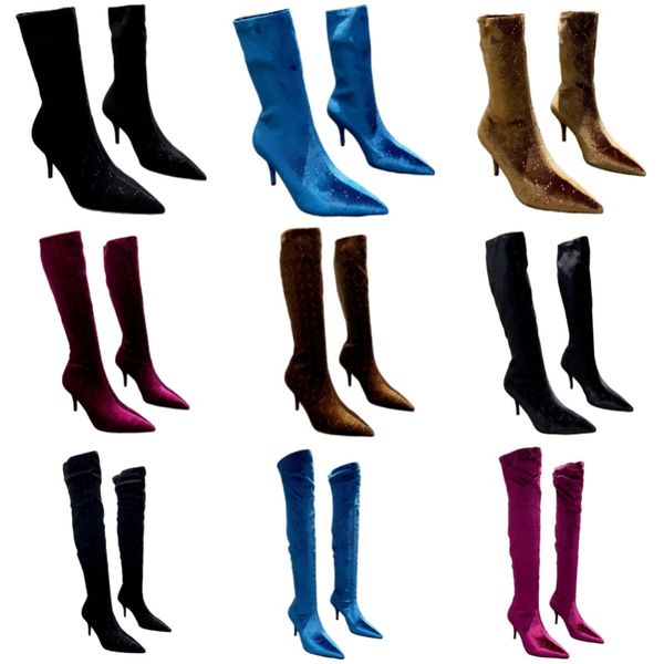 Stiefel aus Wildleder, Designer-Schuhe, kniehohe Stiefel mit spitzer Zehenpartie, klassische Halbstiefel für Damen, Buchstabe Marke, oberschenkelhohe Stiefel, Luxus-Sexy-High-Heels, Stretch-Satin-Schleifschuhe
