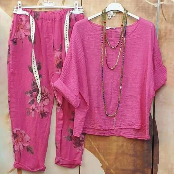 Pantaloni a due pezzi da donna Harajuku modello vintage stampa 2 pezzi abiti donna camicetta di lino in cotone top pullover completo primavera estate spiaggia