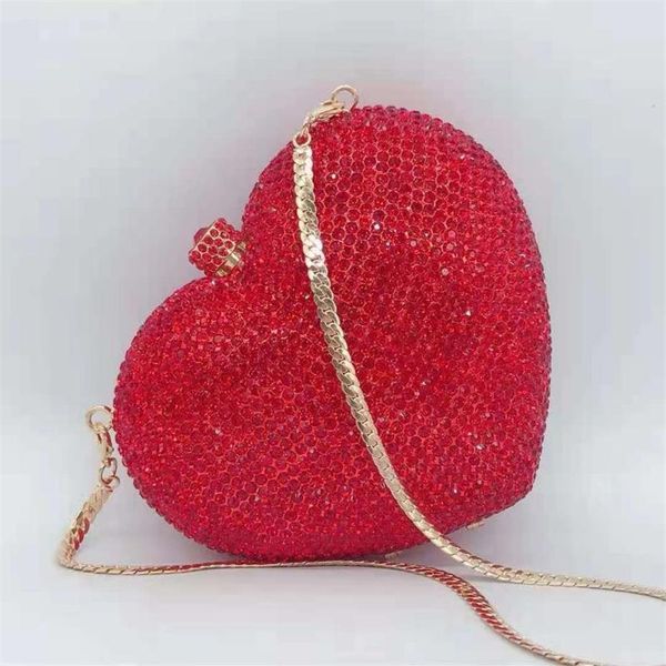 Вечерние сумки высокого качества, красный цвет, кошелек с бриллиантами, золотой металлический женский клатч с кристаллами, в форме сердца, вечерние свадебные клатчи, цепочка Han2628