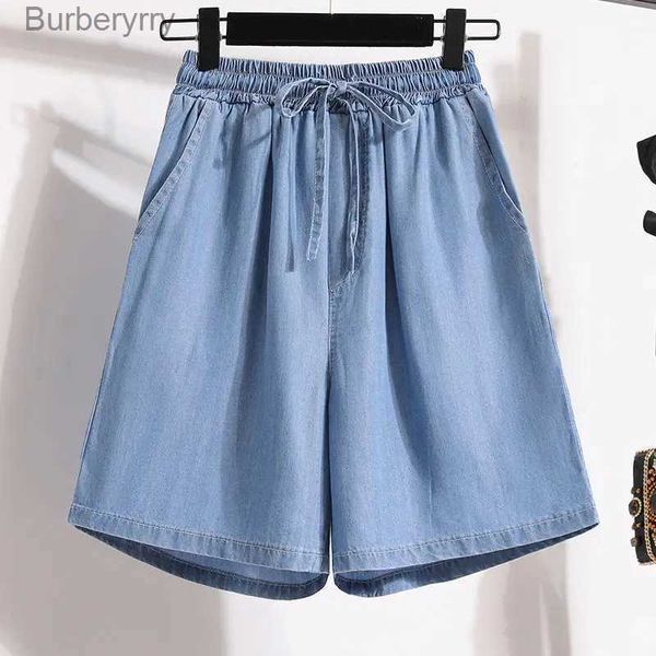 Shorts femininos verão novo fino gelo seda denim shorts cintura elástica cor sólida solta plus size calças largas perna casual moda feminina roupas l231215