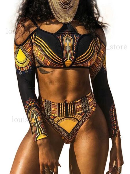 Costumi da bagno da donna Stampa africana Manica lunga Bikini a vita alta Costume da bagno donna Costumi da bagno femminili Due pezzi Bikini Set con spalle scoperte Costume da bagno T231215