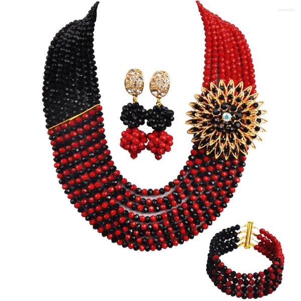Collana di orecchini set nero e rosso opaco matrimonio nigeriano perline africane gioielli sposa di cristallo