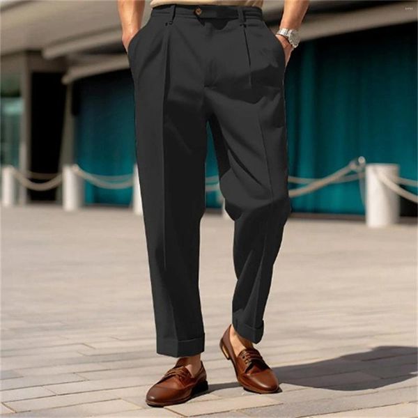 Calça masculina stand bolso de bolso elegante perna larga calça de festa formal sólida de grande tamanho de moda de moda de moda