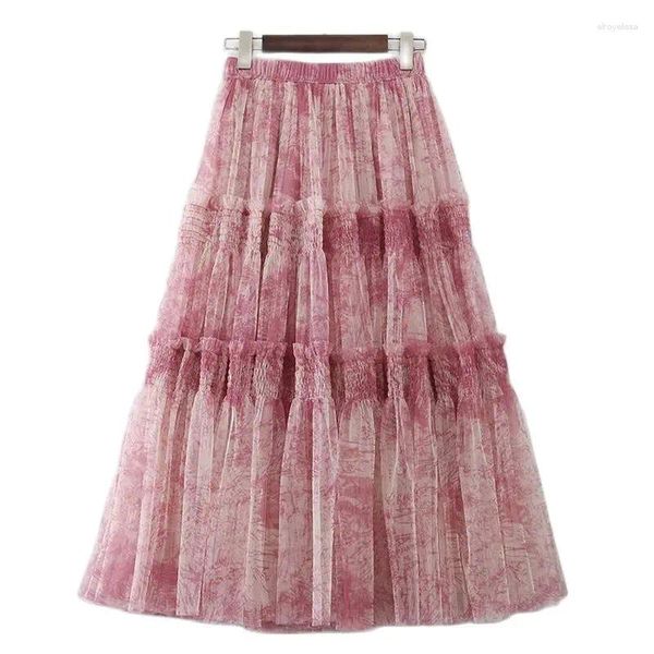 Gonne BabYong Estetica Stampa Fluffy Tutu Tulle Lungo Per Le Donne 2023 Patchwork A File Una Linea A Vita Alta A Pieghe Maxi Gonna femminile