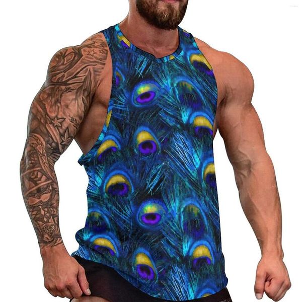 Herren-Tanktops, Pfauenfeder, Strand-Top, Animal-Print, Workout, Männer, Grafik, Vintage, ärmellose Hemden, große Größe