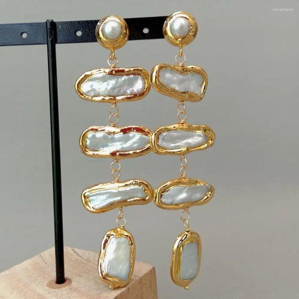 Brincos pendurados YYGEM Natural Multi Shape Branco Pérola de Água Doce Amarelo Ouro Envoltório Stud Casamento Clássico Para Mulheres